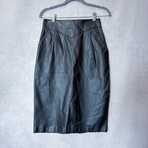 A.D.A.Vintage 80's Genuine Leather Pencil Skirt Back Zip Up Black Size 7